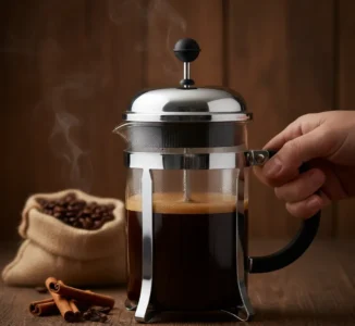 Παρασκευή Ινδονησιακού Καφέ Σε French Press, Συνοδευόμενος Από Μπαχαρικά Που Αναδεικνύουν Το Γευστικό Του Προφίλ.