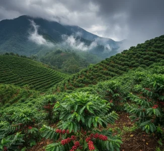 Καταπράσινη Φυτεία Καφέ Στη Σουμάτρα Με Ηφαιστειογενές Έδαφος Και Ώριμους Κόκκινους Καρπούς Καφέ.