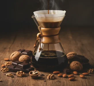 Εκχύλιση Καφέ Φίλτρου Πλαισιωμένη Από Μαύρη Σοκολάτα Και Ξηρούς Καρπούς Που Αναδεικνύουν Το Γευστικό Προφίλ.