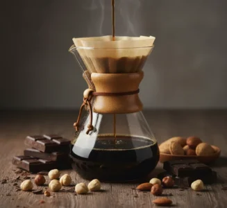 Εκχύλιση Καφέ Φίλτρου V60 Πλαισιωμένη Από Μαύρη Σοκολάτα Και Ξηρούς Καρπούς.