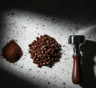 Φρεσκοψημένοι Κόκκους Καφέ Espresso Δίπλα Σε Μεταλλικό Πατητήρι Και Αλεσμένο Καφέ.