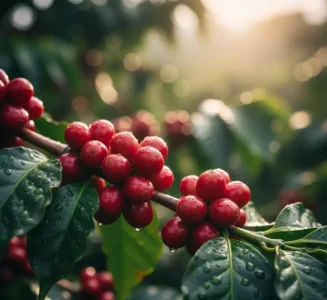 Κλαδί Με Ώριμους Κόκκινους Καρπούς Καφέ Arabica Σε Βιολογική Φάρμα Στο Περού.