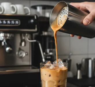 Barista Σερβίρει Χτυπημένο Εσπρεσσο Από Σέικερ Σε Ποτήρι Με Πάγο.