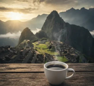 Φλιτζάνι Ζεστού Καφέ Με Φόντο Τα Βουνά Των Άνδεων Και Το Μάτσου Πίτσου.