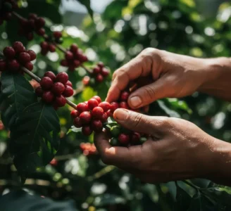 Από Τις Πλαγιές Των Άνδεων Στο Φλιτζάνι Σας: Ανακαλύψτε Τη Μαγεία Του Καφέ Κολομβίας 1 Χέρια Παραγωγού Που Συλλέγουν Ώριμους Κόκκινους Καρπούς Καφέ Arabica Σε Φάρμα Της Κολομβίας.