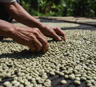Ωμοί Κόκκοι Καφέ Ινδονησίας Που Στεγνώνουν Στον Ήλιο Με Τη Μέθοδο Wet Hulling, Δείχνοντας Το Χαρακτηριστικό Χρώμα Τους.