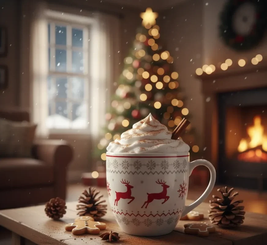 Ζεστή κούπα χριστουγεννιάτικου καφέ με σαντιγί και κανέλα μπροστά από τζάκι και χριστουγεννιάτικο δέντρο.