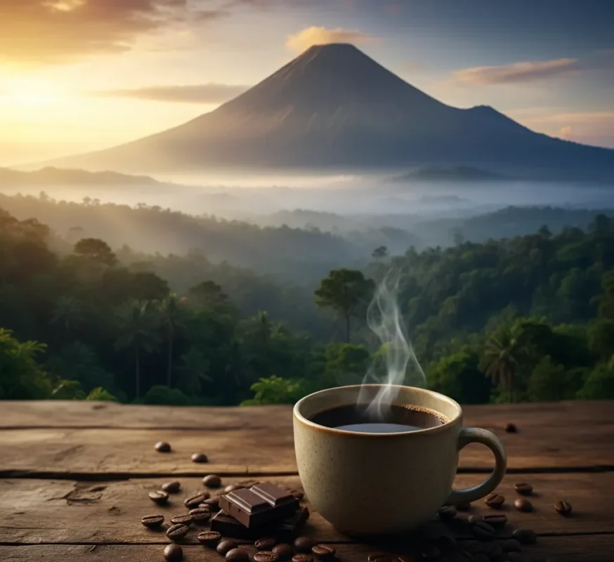 Φλιτζάνι με ζεστό ινδονησιακό καφέ σε ξύλινο τραπέζι, με φόντο ένα ηφαίστειο και τροπικό δάσος της Ινδονησίας.