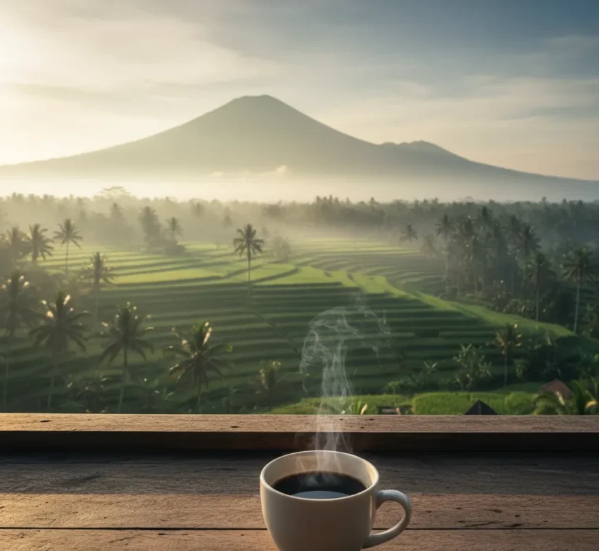 Φλιτζάνι ζεστού καφέ με φόντο τους καταπράσινους ορυζώνες και τα τροπικά βουνά της Ινδονησίας.