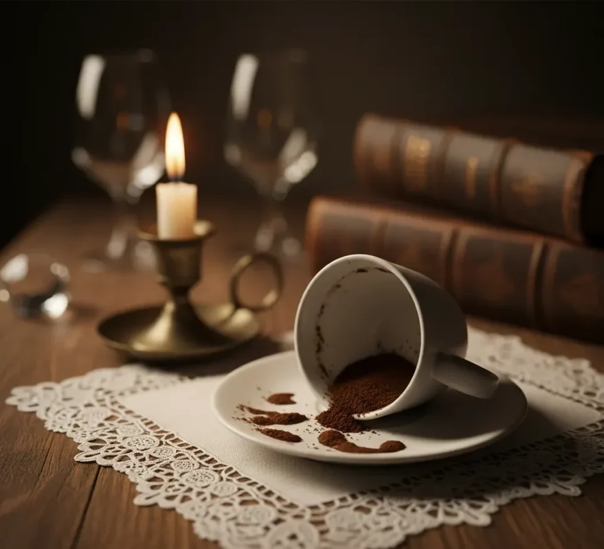 Αναποδογυρισμένο φλιτζάνι ελληνικού καφέ σε ατμοσφαιρικό τραπέζι με κερί, έτοιμο για καφεμαντεία.