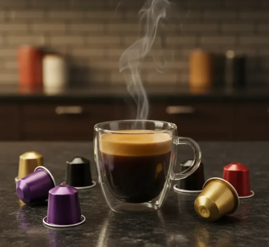 Διάφανο φλιτζάνι espresso με πλούσιο καϊμάκι και πολύχρωμες κάψουλες Nespresso σε μοντέρνο πάγκο.