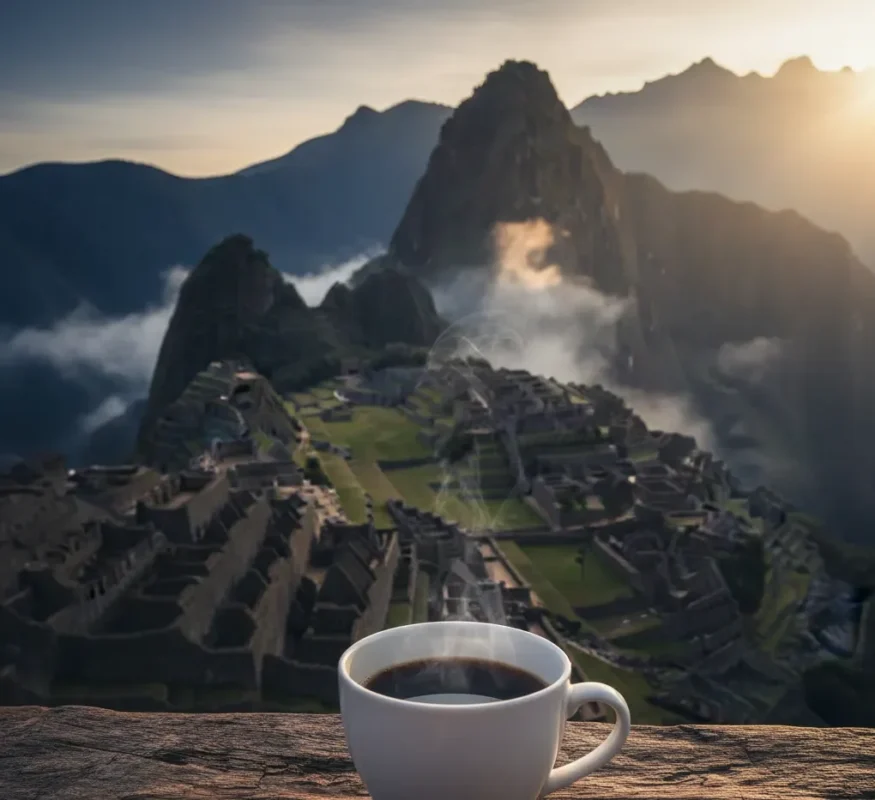 Φλιτζάνι ζεστού καφέ με φόντο τα ομιχλώδη βουνά των Άνδεων και το Μάτσου Πίτσου.
