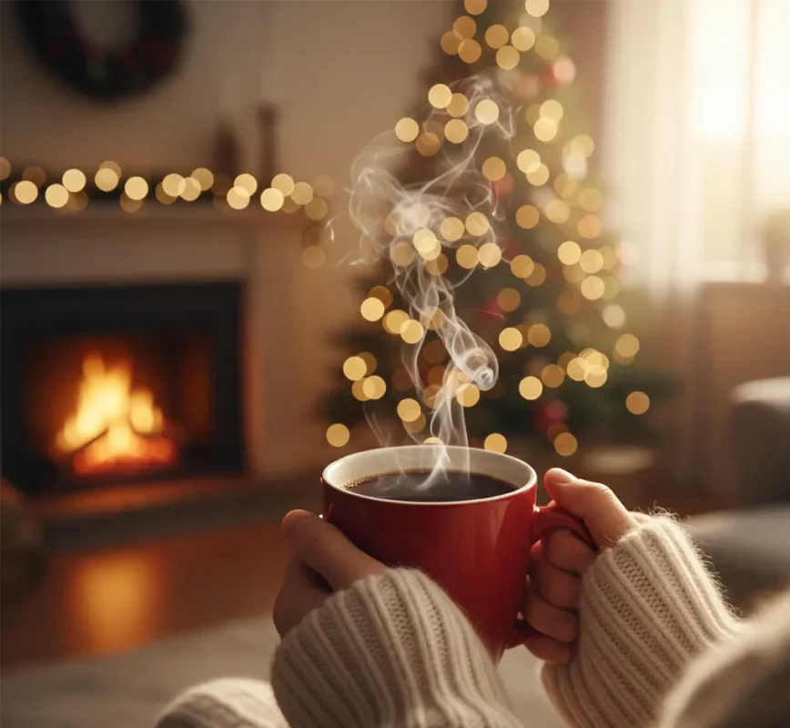 Ζεστή κούπα χριστουγεννιάτικου καφέ σε γιορτινό σαλόνι με φόντο στολισμένο δέντρο.